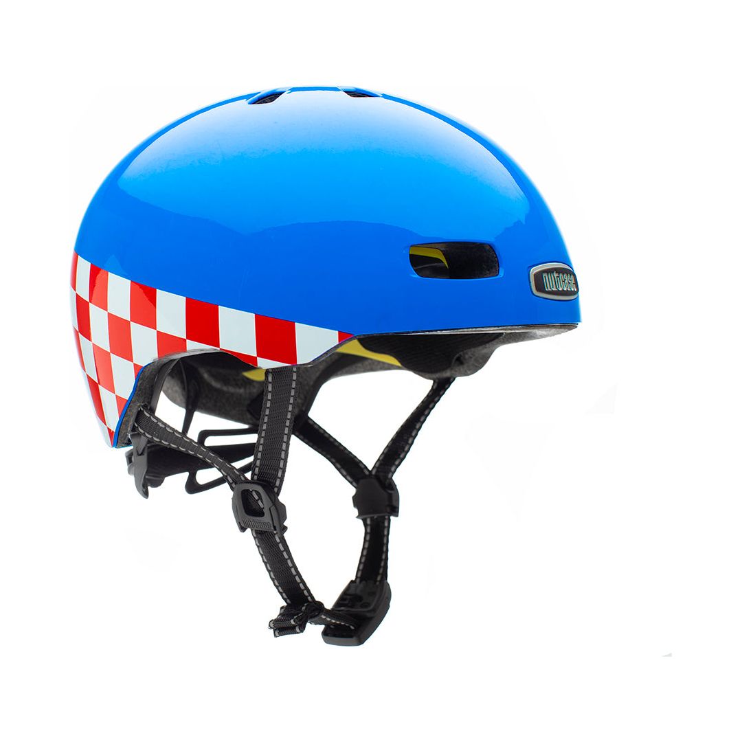 Nutcase Street Collection Check Me Gloss Adult helmet with industry leading safety feature MIPS, protective Crumple Zone EPS foam, reflective print, Magnetic closure for one handed snap and go buckle, Simple dial adjustable fit system for individualized fit and comfort, certified, and removable visor.