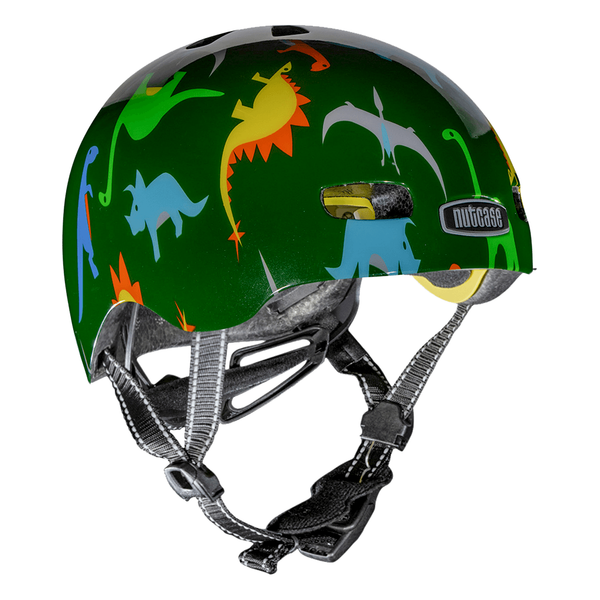 Nutcase Dino Mite Gloss Baby Nutty Infant helmet with industry leading safety feature MIPS, protective Crumple Zone EPS foam, Lightweight polycarbonate outer shell, Magnetic closure for one handed snap and go buckle, Simple dial adjustable fit system for individualized fit and comfort, and certified