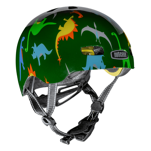 Nutcase Dino Mite Gloss Baby Nutty Infant helmet with industry leading safety feature MIPS, protective Crumple Zone EPS foam, Lightweight polycarbonate outer shell, Magnetic closure for one handed snap and go buckle, Simple dial adjustable fit system for individualized fit and comfort, and certified