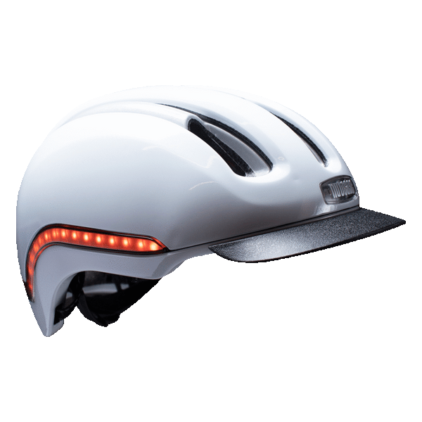 Nutcase Vio Blanco Gloss Adult helmet with MIPS, 200 lumens front LED headlight ,65 lumens side and rear LED lights, reflective print, magnetic buckle for easy on and off, dial adjustable for individualized fit and comfort, duo layer foam construction with denser outer layer and softer inner layer, and removable visor