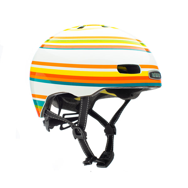 Nutcase Street Collection Beach Life Gloss Adult helmet with industry leading safety feature MIPS, reflective print, magnetic buckle for easy on and off, Internal heat sealed pads to provide comfort, dial adjustable fit system for individualized fit and comfort, and removable visor.