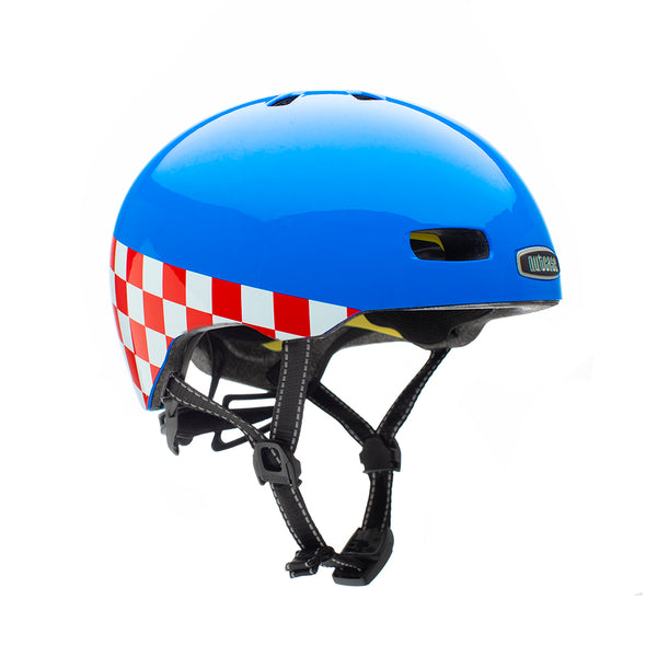 Nutcase Street Collection Check Me Gloss Adult helmet with industry leading safety feature MIPS, protective Crumple Zone EPS foam, reflective print, Magnetic closure for one handed snap and go buckle, Simple dial adjustable fit system for individualized fit and comfort, certified, and removable visor.