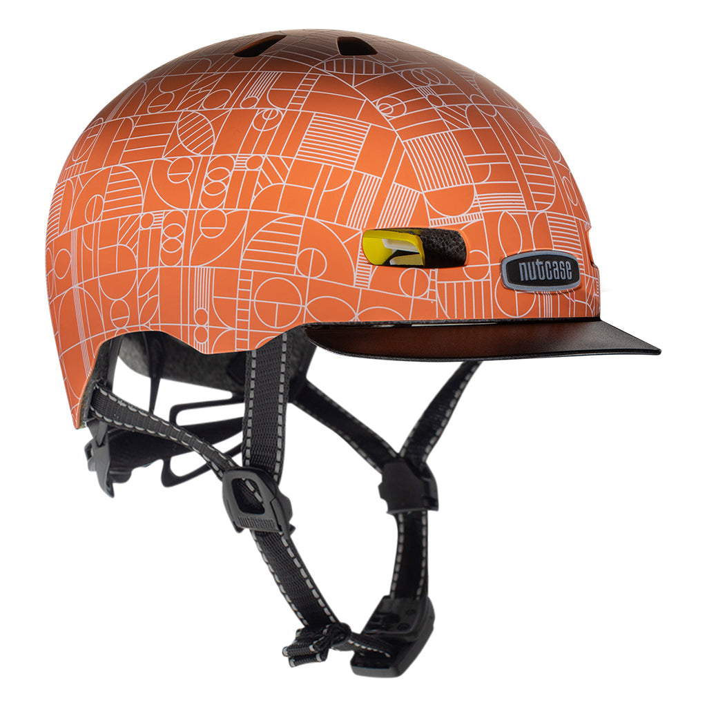 Nutcase Street Collection Bahaus Adult helmet with industry leading safety feature MIPS, reflective print, magnetic buckle for easy on and off, Internal heat sealed pads to provide comfort, dial adjustable fit system for individualized fit and comfort, and removable visor.