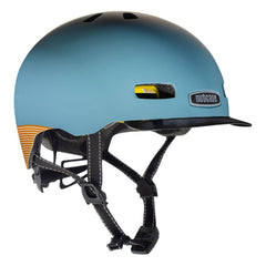 Nutcase Stree Collection Blue Steel Adult helmet with industry leading safety feature MIPS, reflective print, magnetic buckle for easy on and off, Internal heat sealed pads to provide comfort, dial adjustable fit system for individualized fit and comfort, and removable visor.