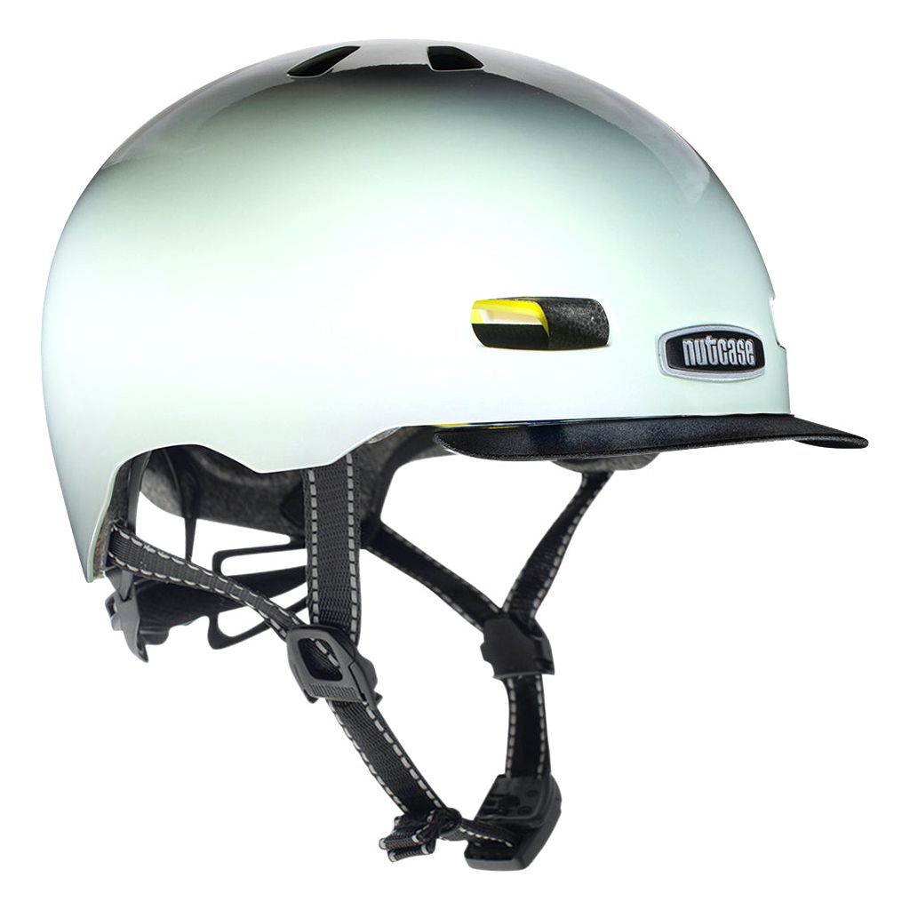 Nutcase Street Collection City of Pearls Pearl Adult helmet with industry leading safety feature MIPS, reflective print, magnetic buckle for easy on and off, Internal heat sealed pads to provide comfort, dial adjustable fit system for individualized fit and comfort, and removable visor.