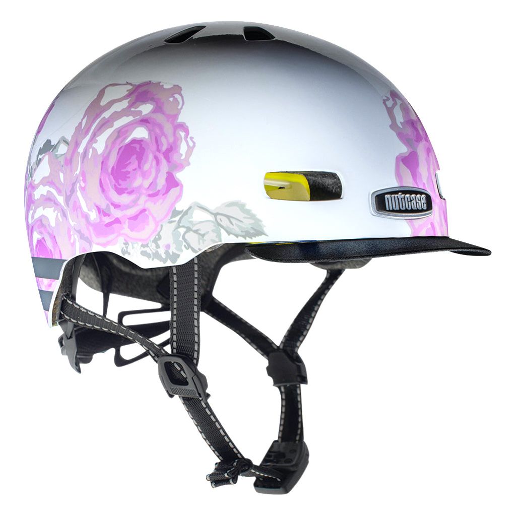 Nutcase Street Collection Delicate Flower Adult  helmet with industry leading safety feature MIPS, reflective print, magnetic buckle for easy on and off, Internal heat sealed pads to provide comfort, dial adjustable fit system for individualized fit and comfort, and removable visor.