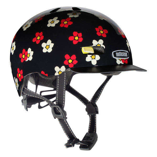 Nutcase Street Collection Fun Flor-All Gloss Adult  helmet with industry leading safety feature MIPS, reflective print, magnetic buckle for easy on and off, Internal heat sealed pads to provide comfort, dial adjustable fit system for individualized fit and comfort, and removable visor