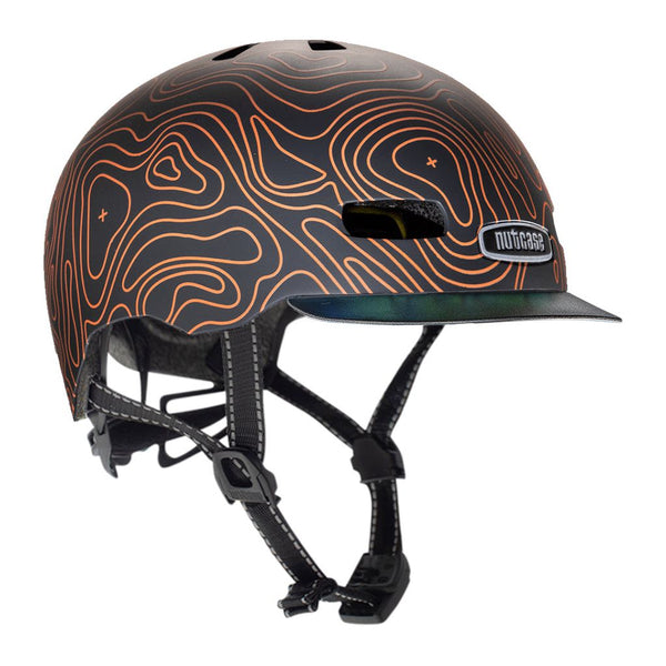 Nutcase Street Collection Get Lost Adult helmet with industry leading safety feature MIPS, reflective print, magnetic buckle for easy on and off, Internal heat sealed pads to provide comfort, dial adjustable fit system for individualized fit and comfort, and removable visor