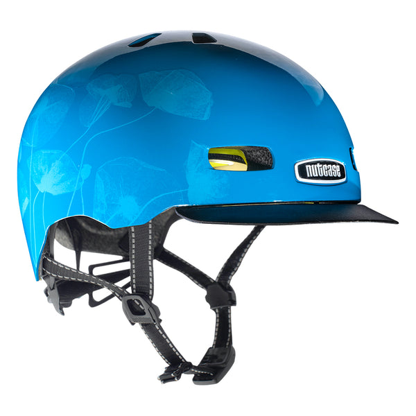Nutcase Street Collection Inner Beauty Gloss Adult helmet with industry leading safety feature MIPS, reflective print, magnetic buckle for easy on and off, Internal heat sealed pads to provide comfort, dial adjustable fit system for individualized fit and comfort, and removable visor