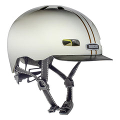 Nutcase Street Collection Leather Bound Stripe Gloss Adult helmet with industry leading safety feature MIPS, reflective print, magnetic buckle for easy on and off, Internal heat sealed pads to provide comfort, dial adjustable fit system for individualized fit and comfort, and removable visor