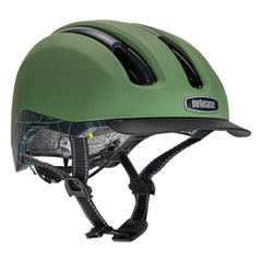 Nutcase Vio Adventure Bahous Green helmet with MIPS, for gravel, for commute, magnetic buckle for easy on and off, duo layer foam construction with denser outer layer and softer inner layer, and removable visor