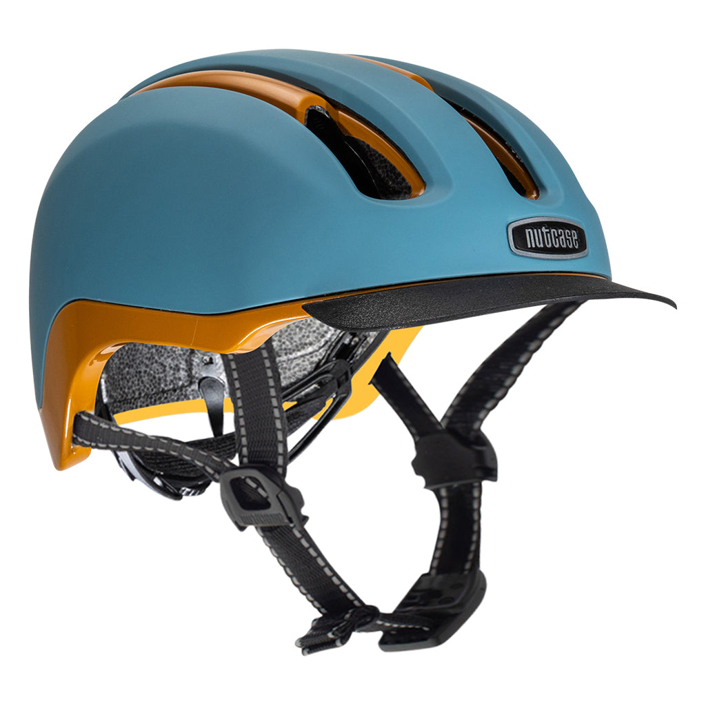 Nutcase Vio Adventure Gravelstoke helmet with MIPS, for gravel, for commute, magnetic buckle for easy on and off, duo layer foam construction with denser outer layer and softer inner layer, and removable visor