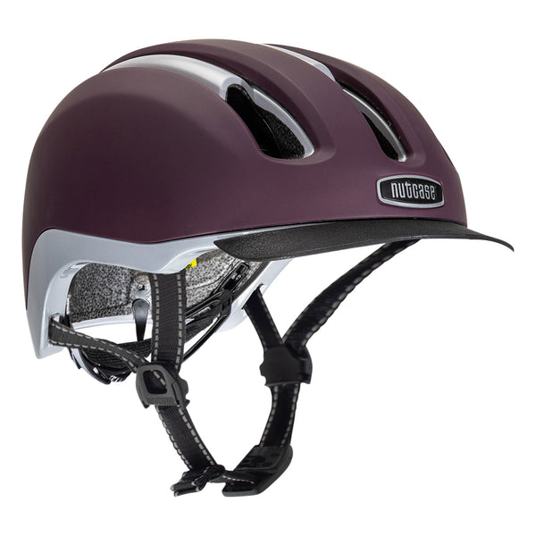 Nutcase Vio Adventure Plum helmet with MIPS, for gravel, for commute, magnetic buckle for easy on and off, duo layer foam construction with denser outer layer and softer inner layer, and removable visor