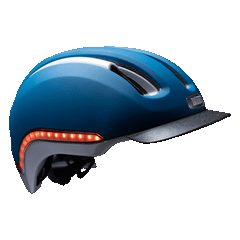 Nutcase Vio Navy Matte Adult helmet with MIPS, 200 lumens front LED headlight, 65 lumens side and rear LED lights, reflective print, magnetic buckle for easy on and off, dial adjustable for individualized fit and comfort, duo layer foam construction with denser outer layer and softer inner layer, and removable visor