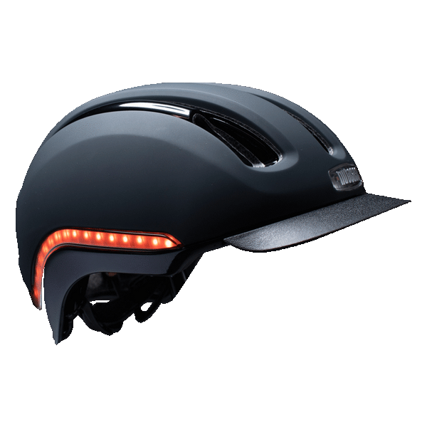 Nutcase Vio Kit Matte Adult helmet with MIPS, 200 lumens front LED headlight, 65 lumens side and rear LED lights, reflective print, magnetic buckle for easy on and off, dial adjustable for individualized fit and comfort, duo layer foam construction with denser outer layer and softer inner layer, and removable visor
