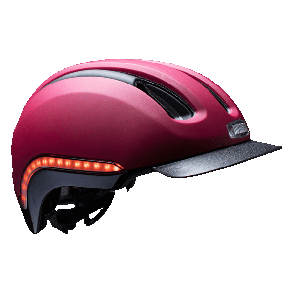 Nutcase Vio Cabernet Matte Adult helmet with MIPS, 200 lumens front LED headlight, 65 lumens side and rear LED lights, reflective print, magnetic buckle for easy on and off, dial adjustable for individualized fit and comfort, duo layer foam construction with denser outer layer and softer inner layer, removable visor